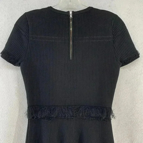 Milly Black Short Sleeve Fit & Flare Fringe Detail Ribbed Dress Zip Back Size P - Picture 9 of 11